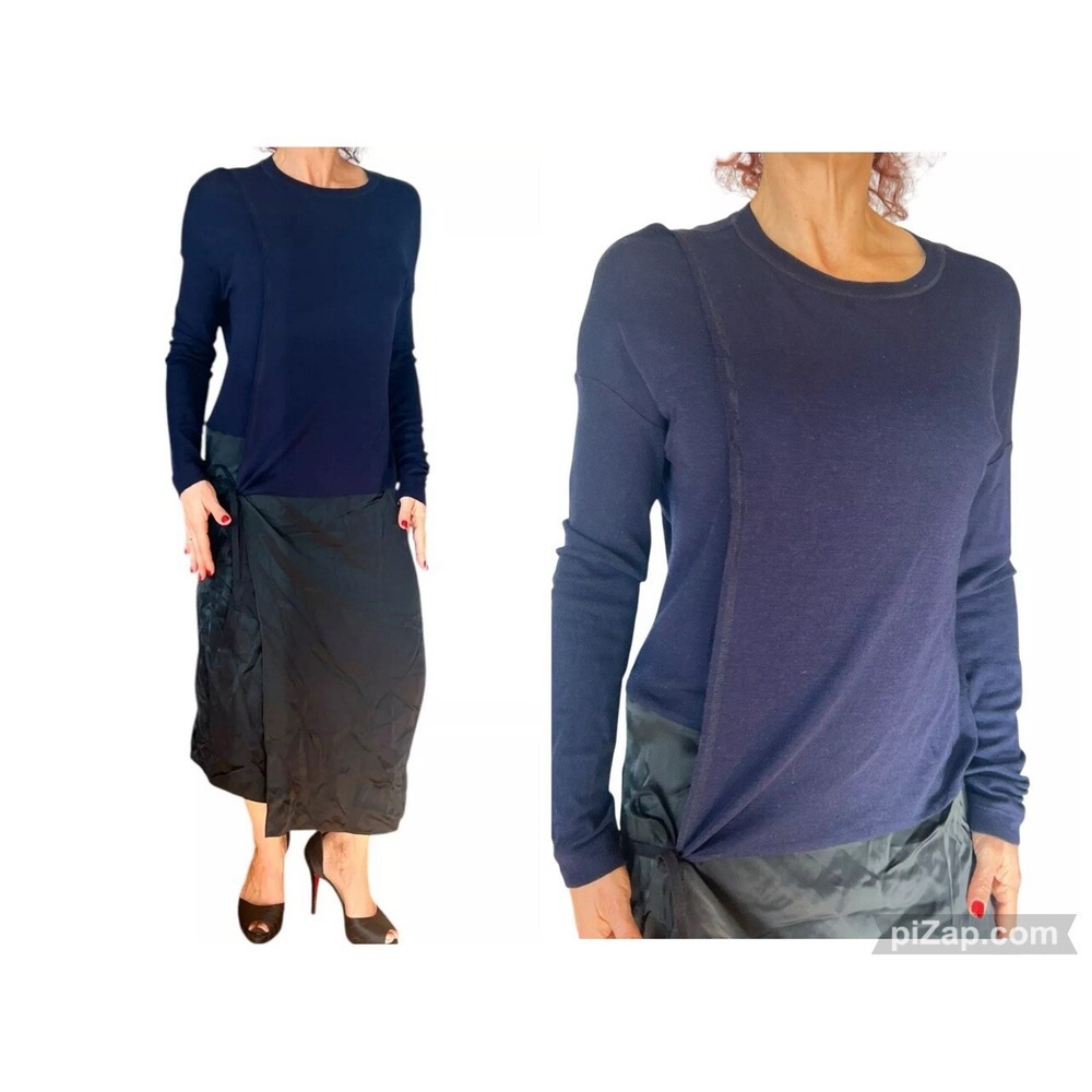 HACHE WRAP DRESS BLUE WOOL KNIT BLACK SATIN MIXED MEDIA LONG SLEEVE MIDI 42 6